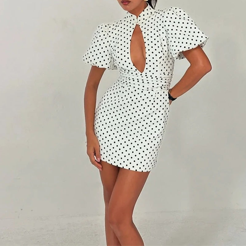 Elegant Polka Dot Dress with Stand Collar and Hollow Design for Women