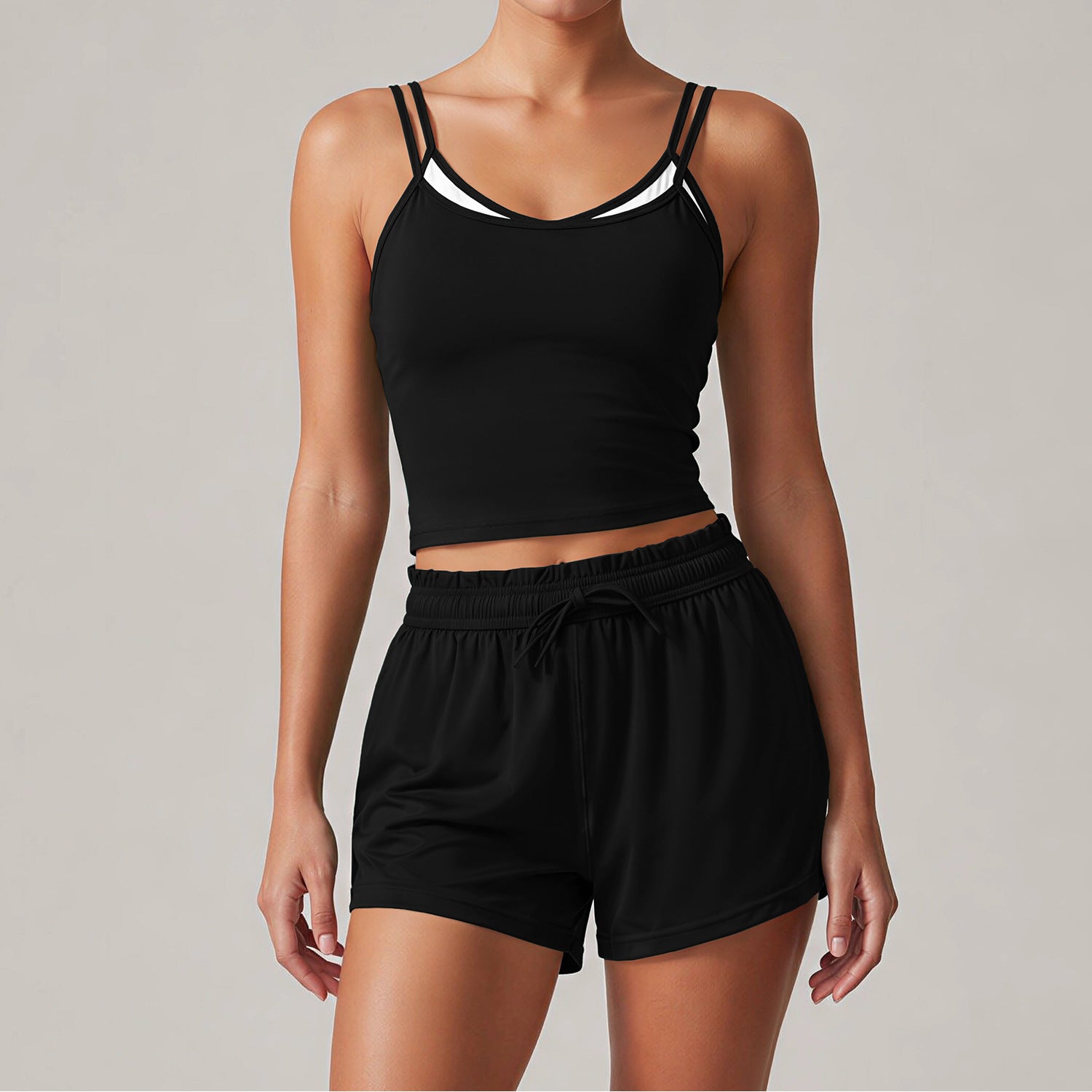 Women's Yoga Set Summer Bare-Feel Strap Top for Fitness Running Sports Tennis Shorts Sage Green