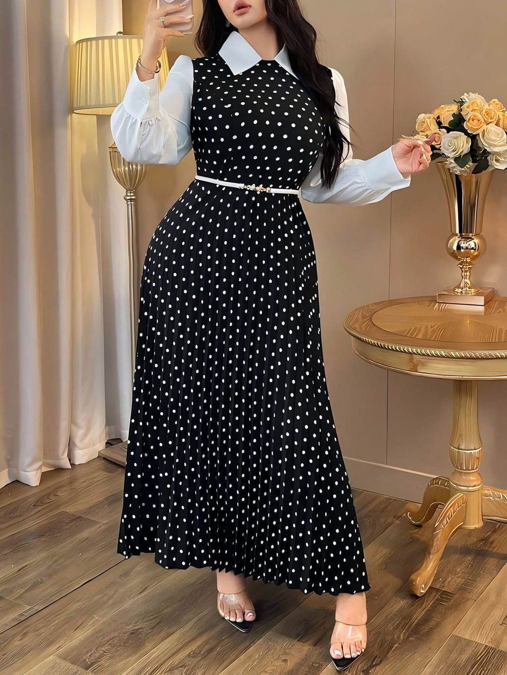 Elegant  Vintage Polka Dot High-Waisted Slim Fit Two-Piece Dress for Women