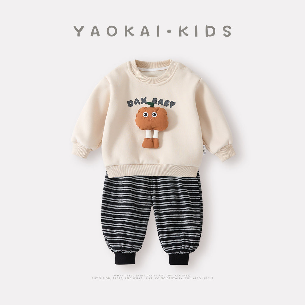 Fleece-Lined Thickened Baby Hoodie Set with 3D Top and Sweatpants Two-Piece Outfit