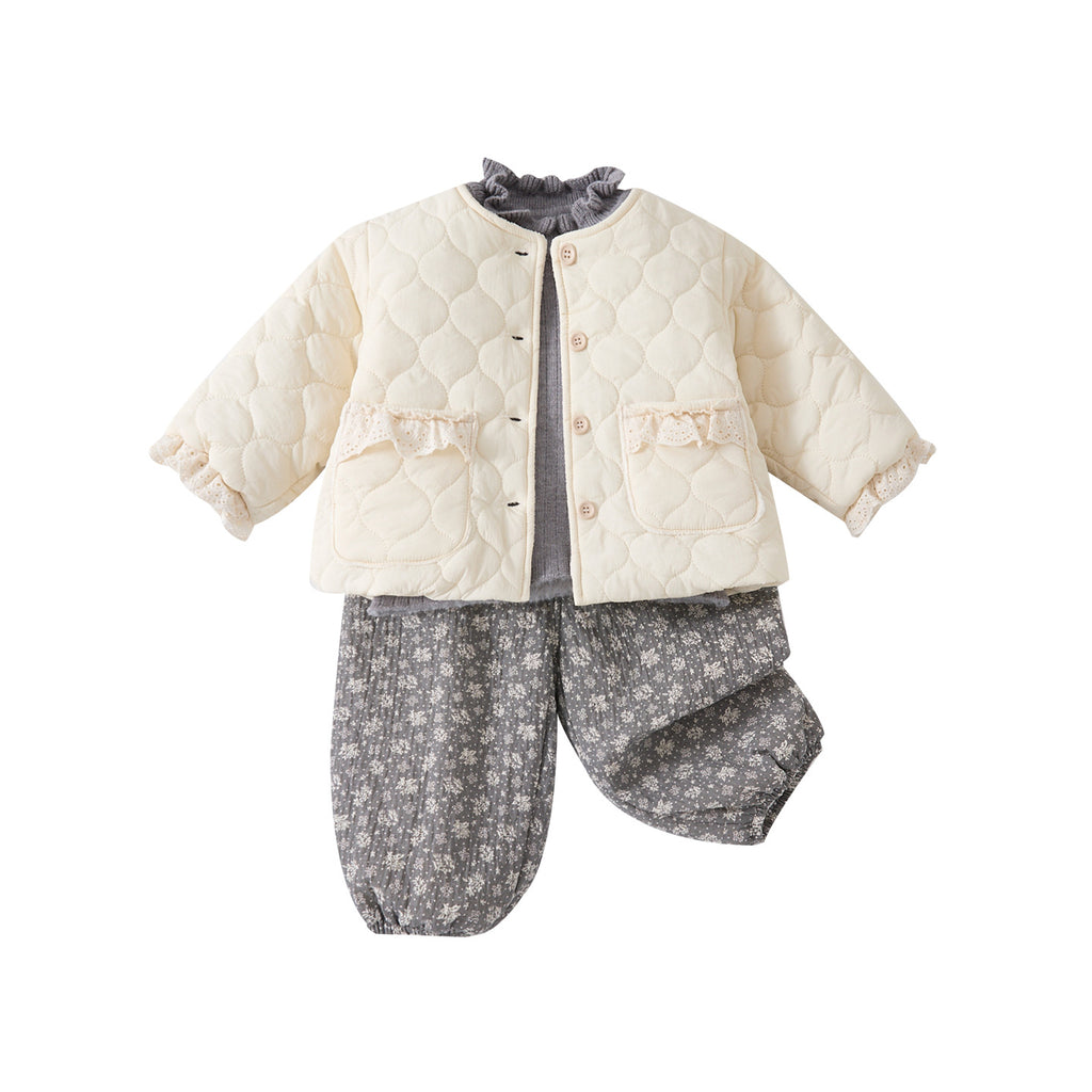 Fleece Outerwear Set for Baby Girls, Ruffled Cardigan Sweater and Pants Three-Piece Set