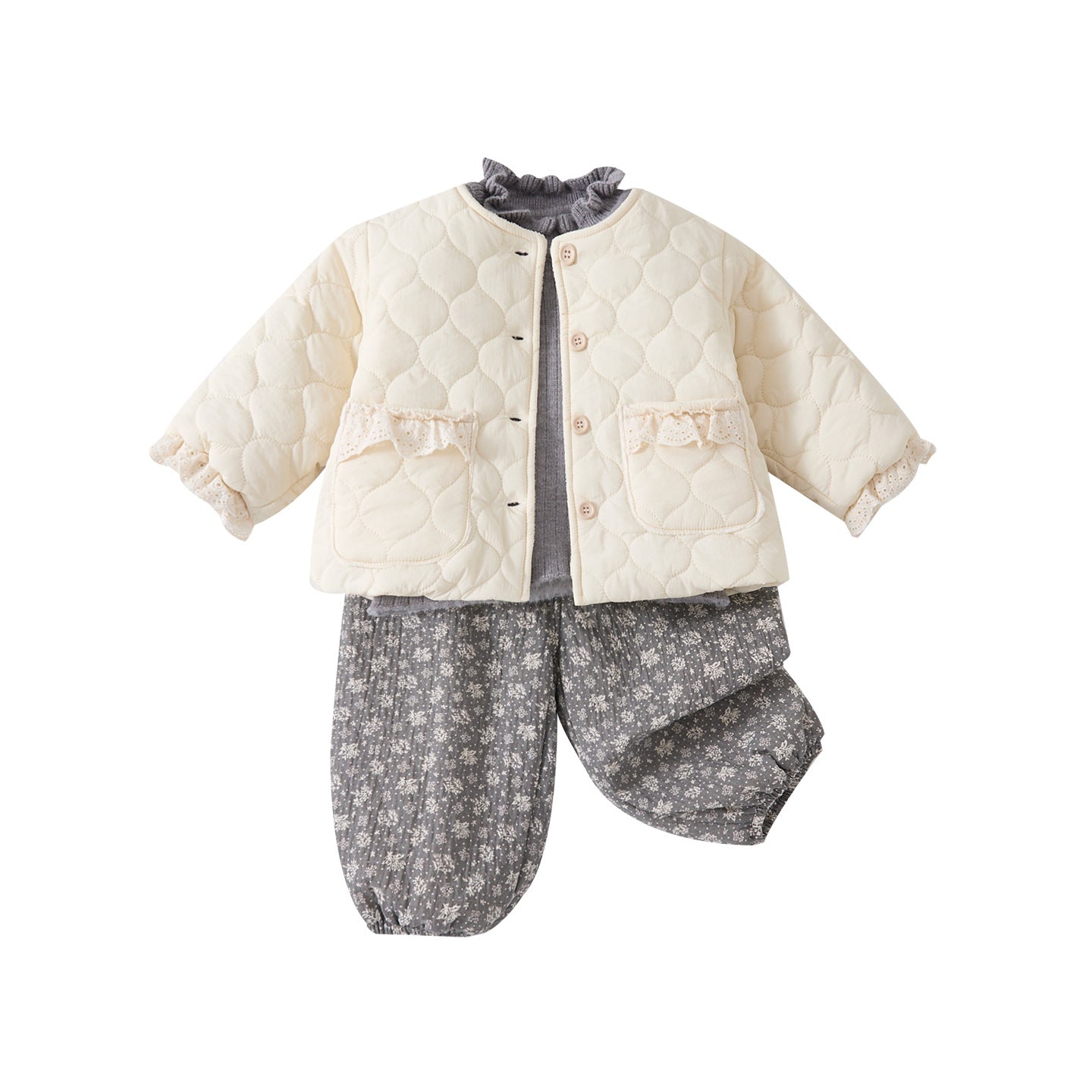 Fleece Outerwear Set for Baby Girls, Ruffled Cardigan Sweater and Pants Three-Piece Set