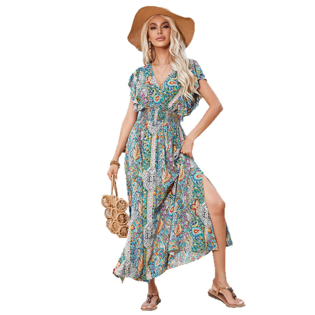 V-neck short sleeved slit dress