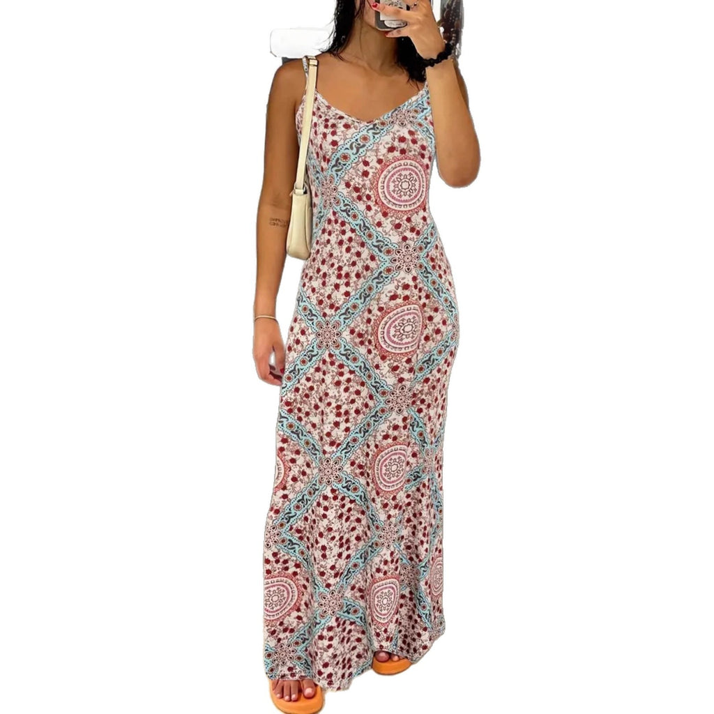 Printed Strapless Backless Maxi Dress