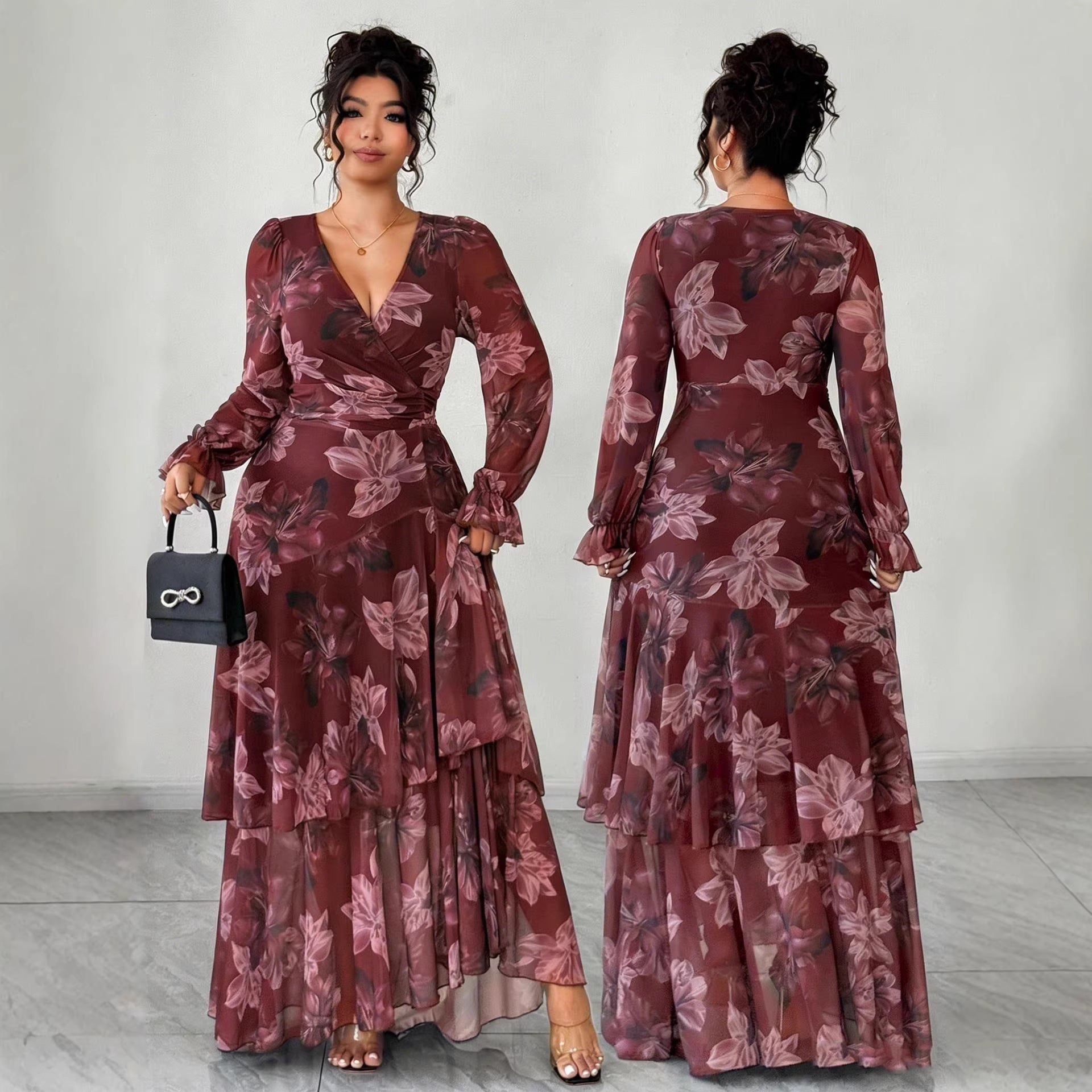 Fashion Printed Chiffon French V-Neck Fitted Waist Flared Maxi Dress for Women