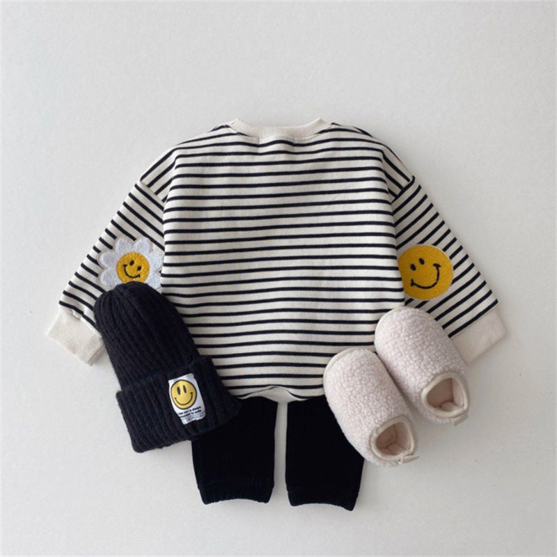 Smiling face fleece striped casual hoodie