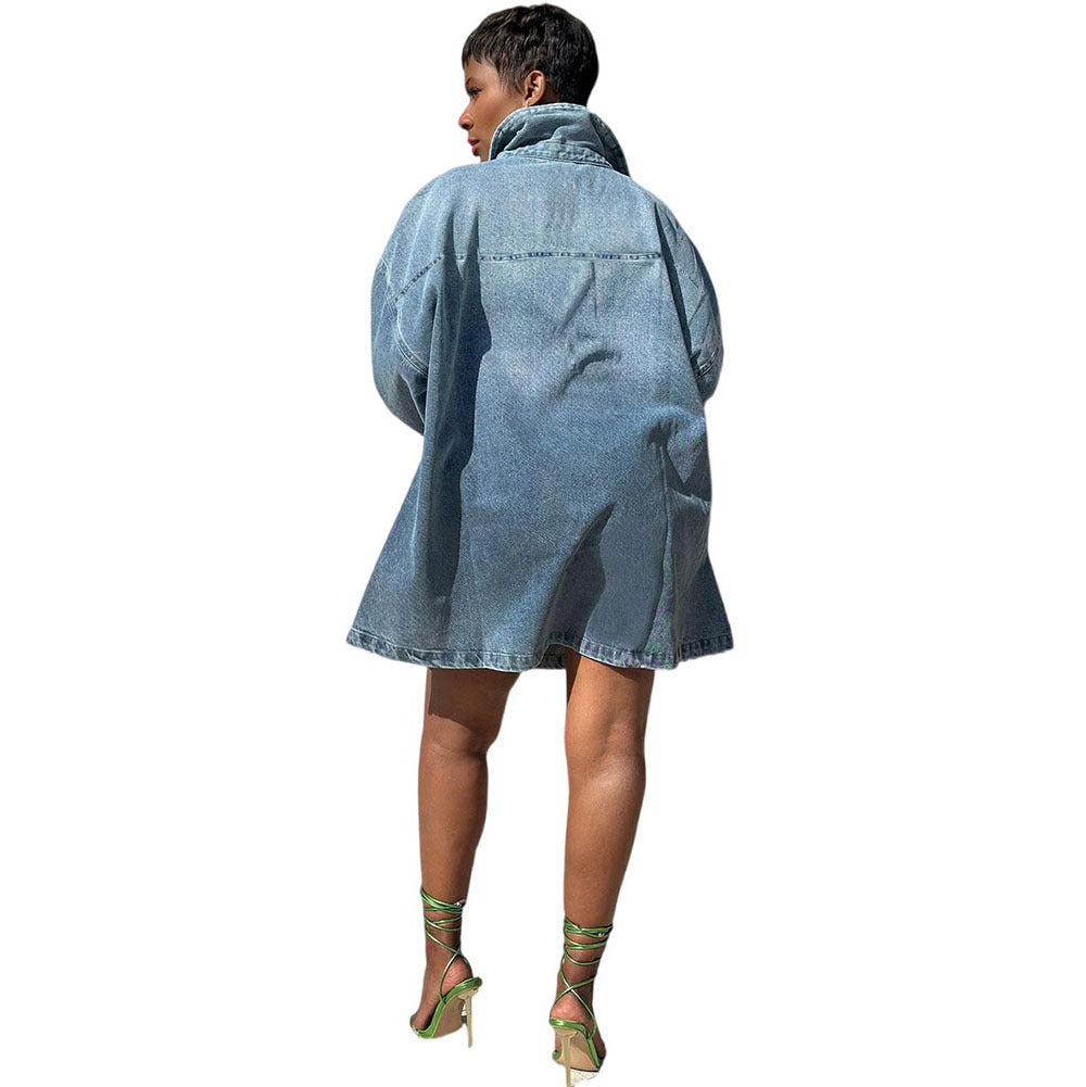 Chic Women's Loose Fit Dress with Turn-Down Collar, Gradient Color, Long Sleeve Denim Dress