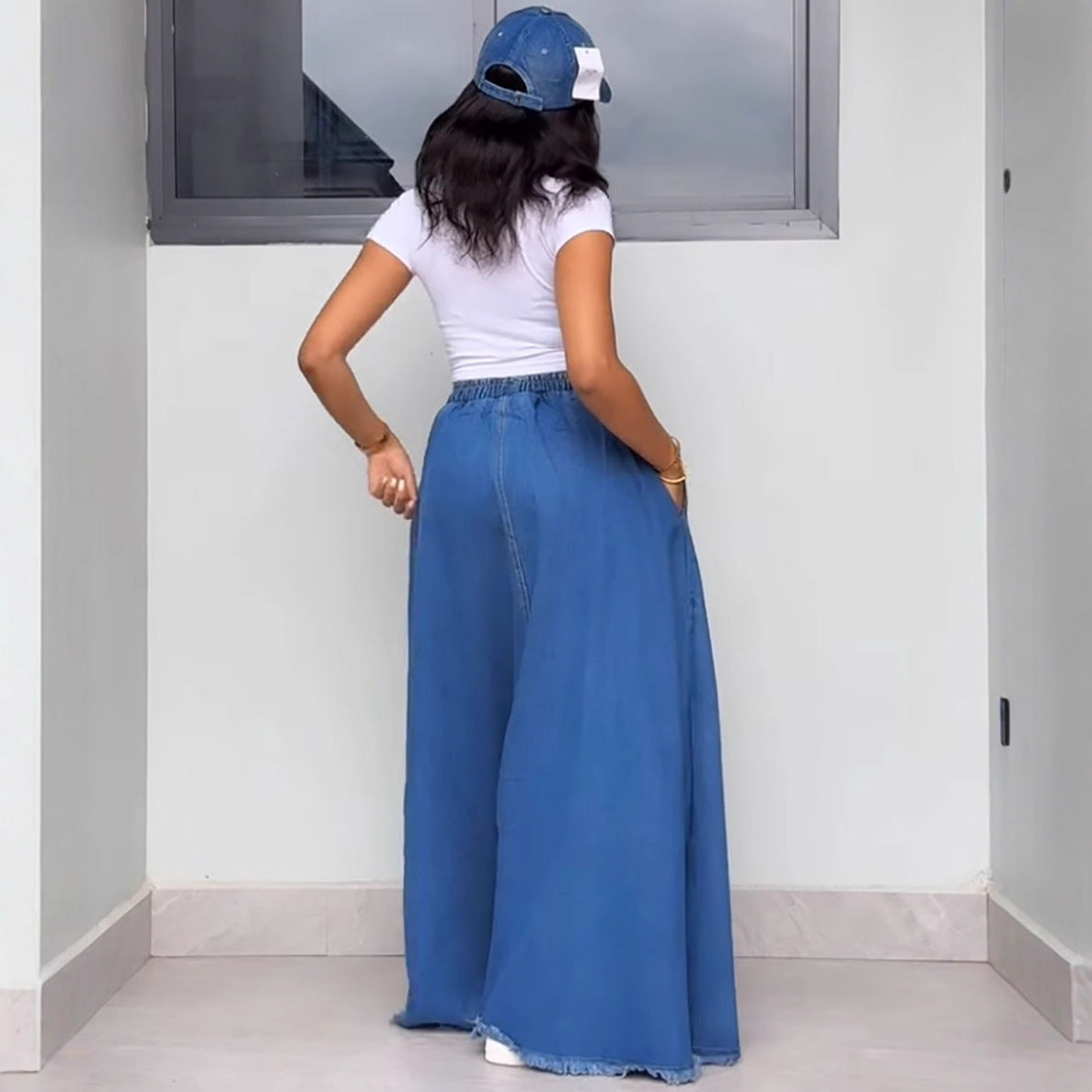 Women's Denim Skirt, Washed Solid Color, Drawstring High Waist, Ruffle Long Skirt Fashion Style