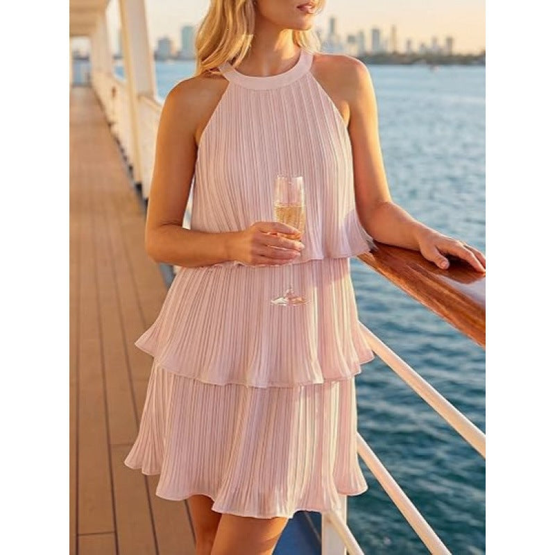 Layered Patchwork Sleeveless Dress with Pleated Hem and Hooded Design for Women