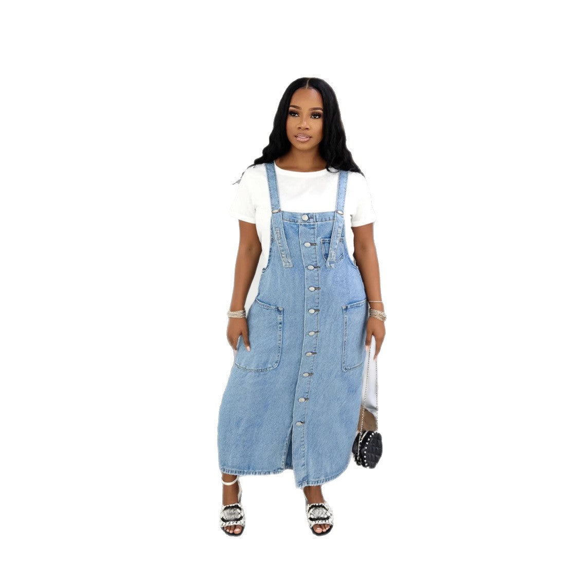 Chic Single-Button Knee-Length Sleeveless Denim Dress with Mid-Length Silhouette