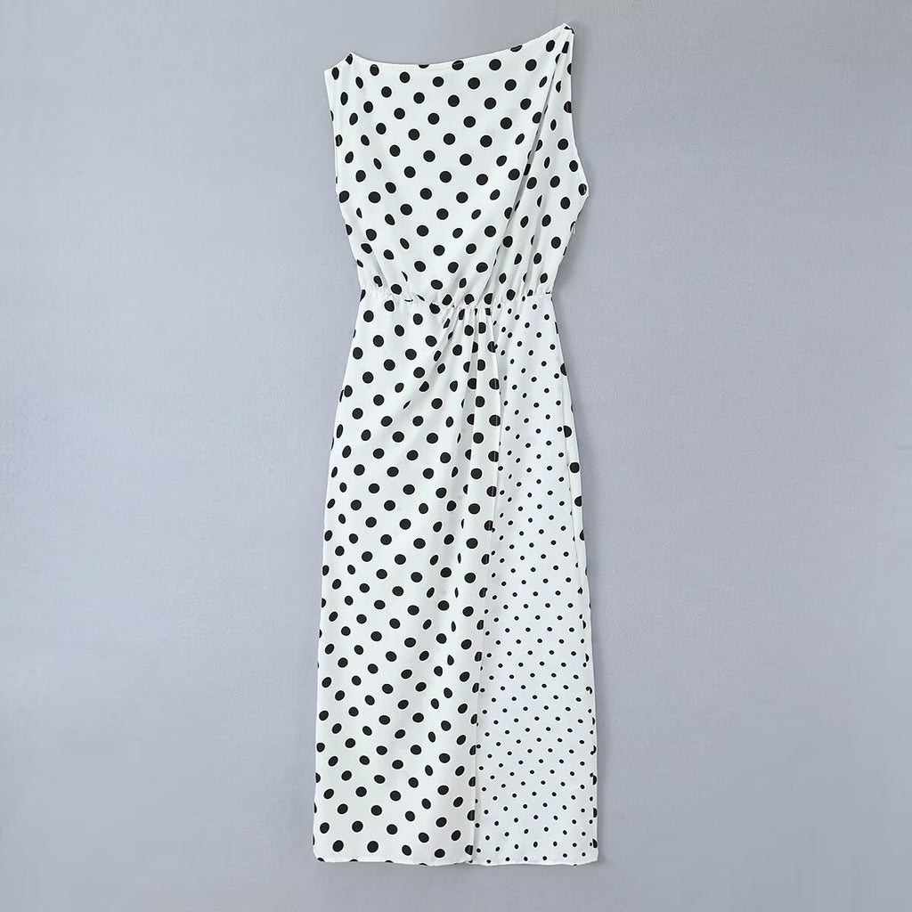 Retro one line slanted shoulder size polka dot patchwork dress