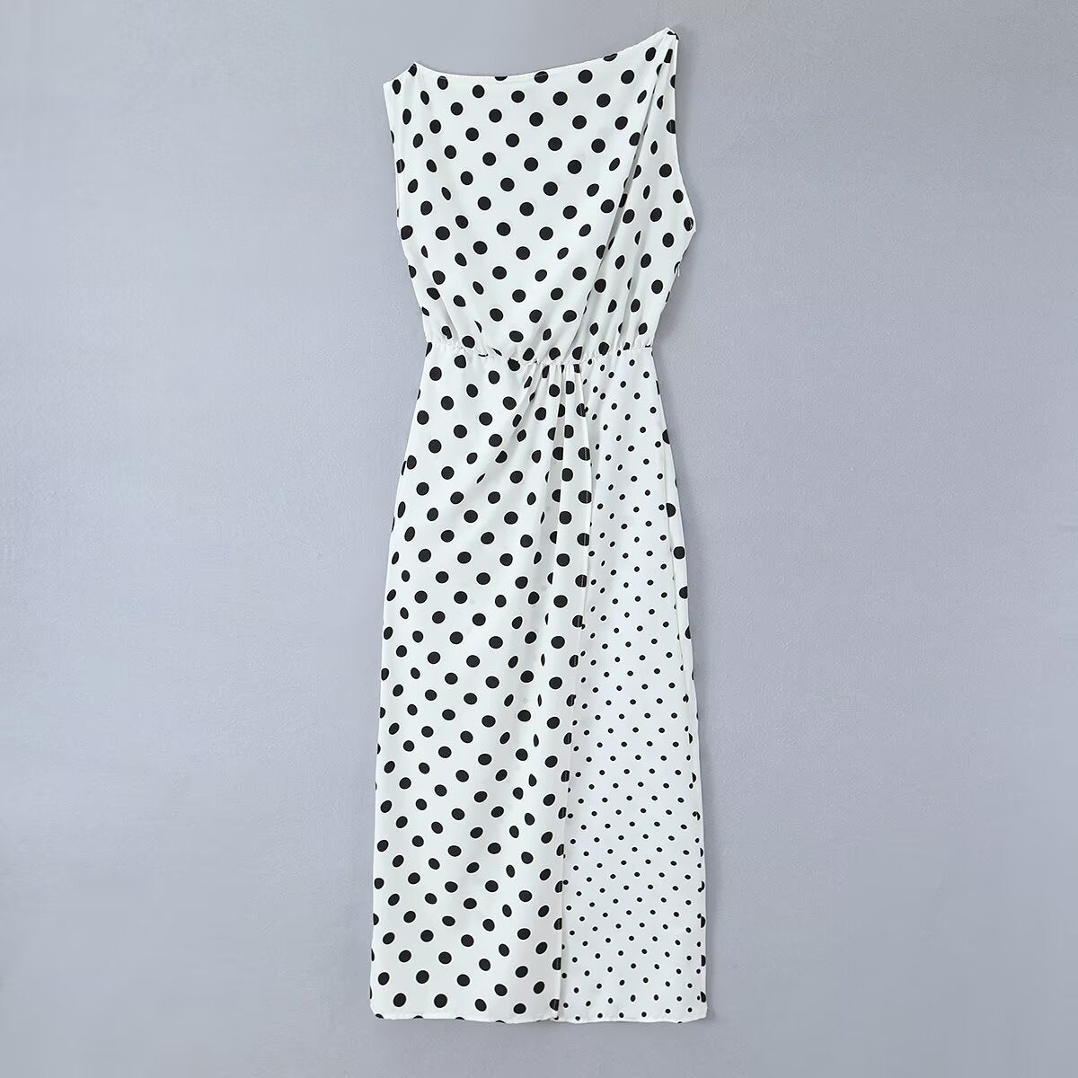 Retro one line slanted shoulder size polka dot patchwork dress