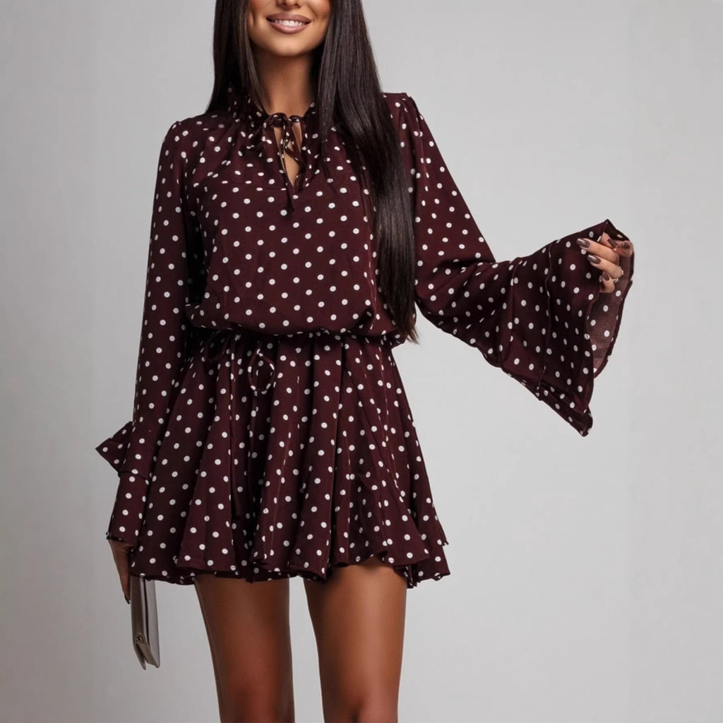 Dotted Dress French Sweet V-Neck Long Sleeve Elastic Waist Plus Size Dress