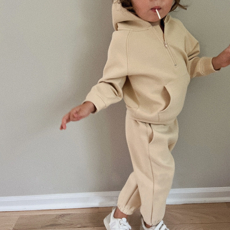 Half zip hooded sweatshirt ankle pants minimalist fleece two-piece set