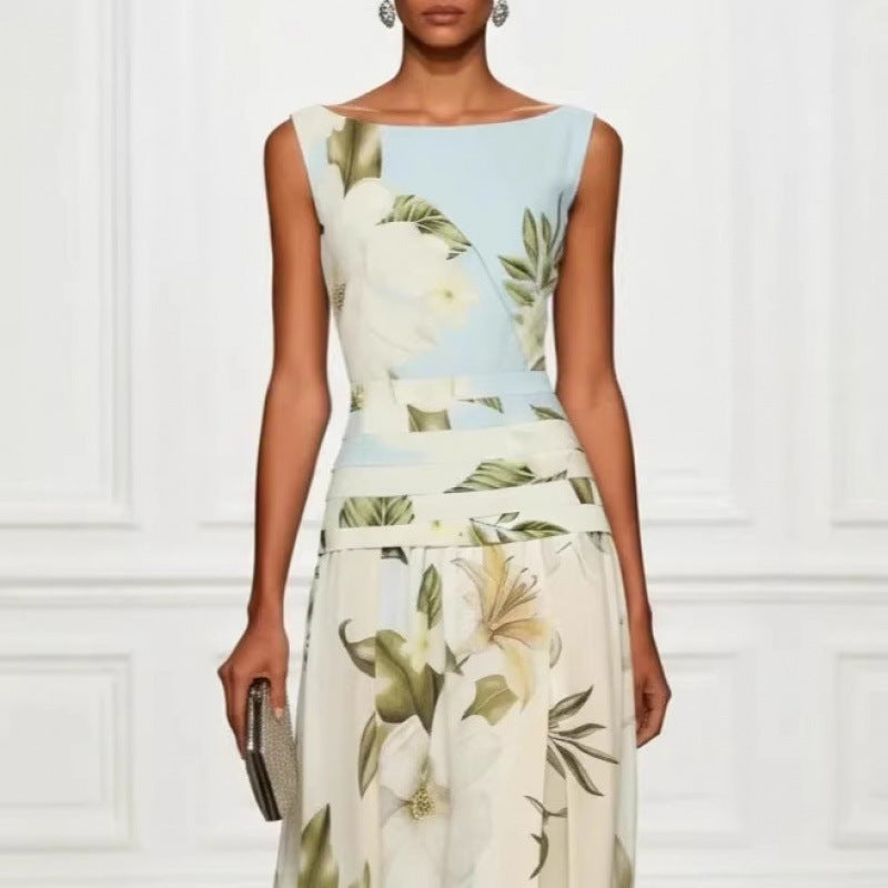 V-neck floral print women's dress sleeveless backless waist cinching long skirt