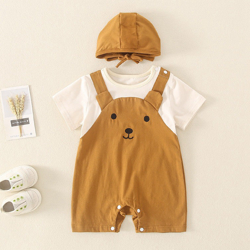Cute and Adorable Baby Short Sleeve Onesie with Hat, Fake Two-Piece Set, Lightweight Crawling Suit