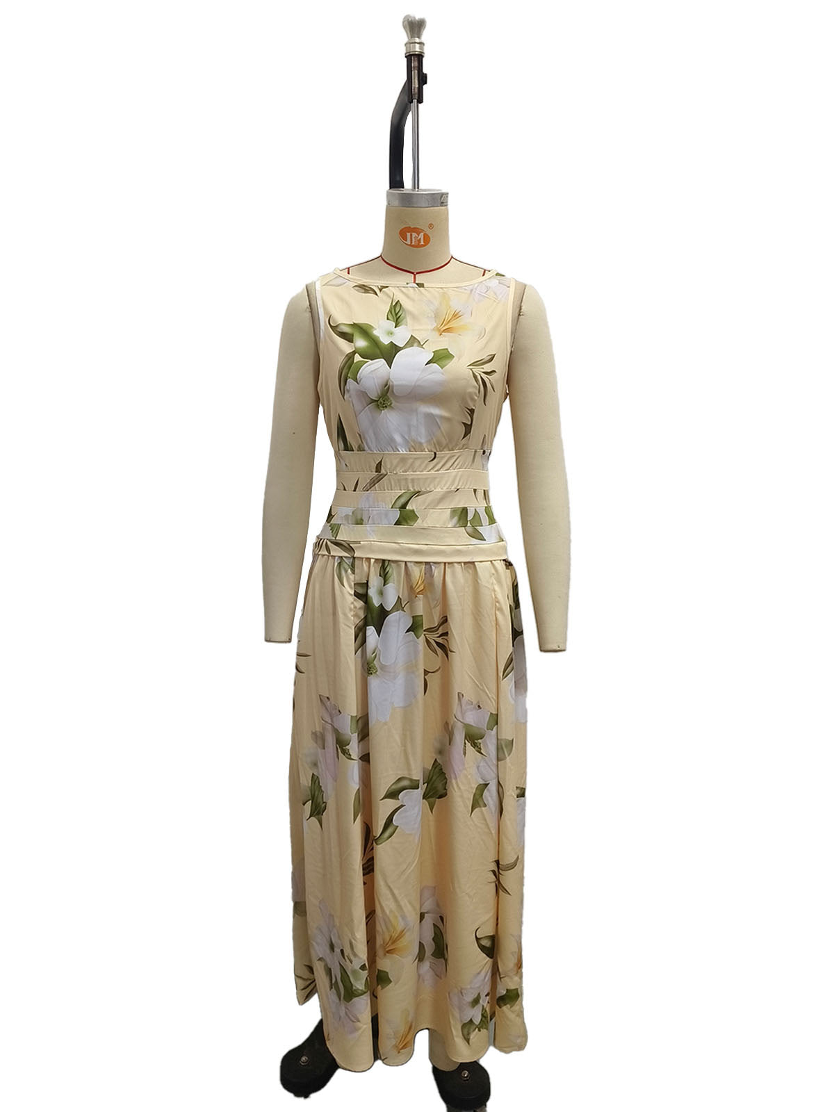V-neck floral print women's dress sleeveless backless waist cinching long skirt