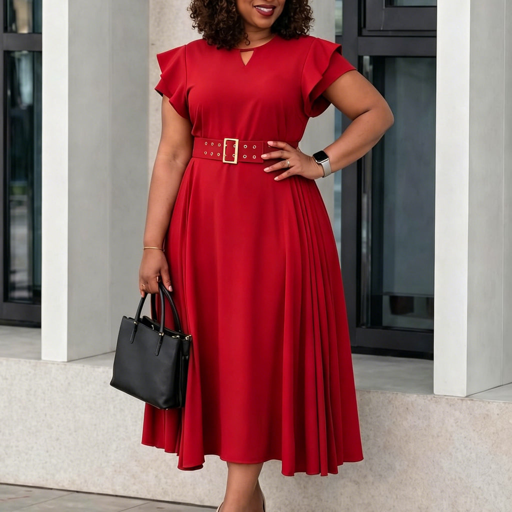 Short sleeved solid color high waist mid length dress
